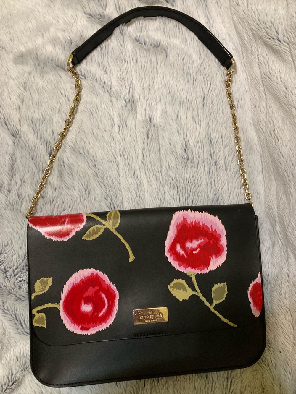 kate spade Black Crossbody Bag with Red and Pink Rose Print
